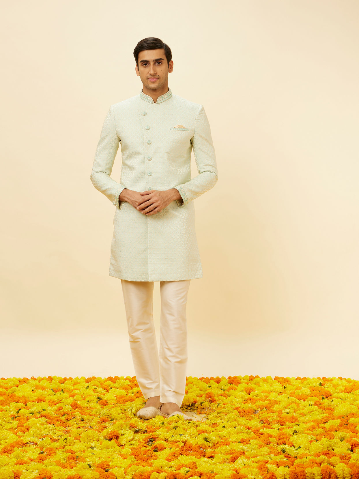 alt message - Manyavar Men Sea Green Ogee Patterned Indo-Western Set image number 2