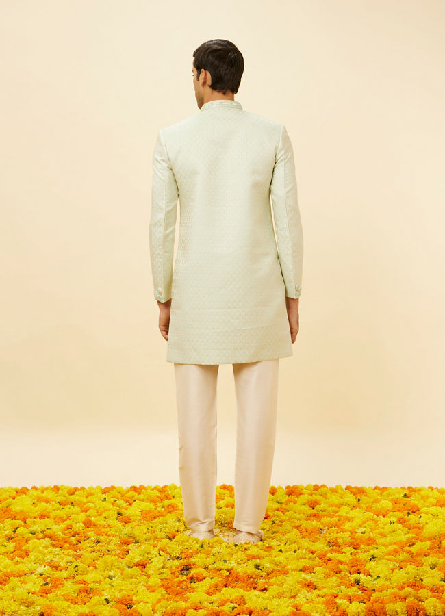 Manyavar Men Sea Green Ogee Patterned Indo Western Set