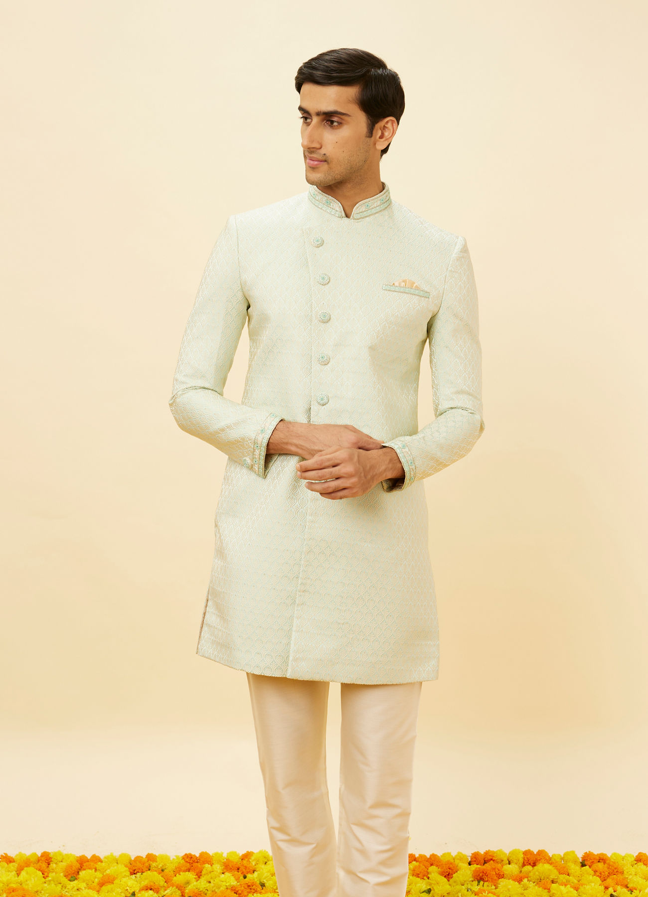 Manyavar Men Sea Green Ogee Patterned Indo Western Set