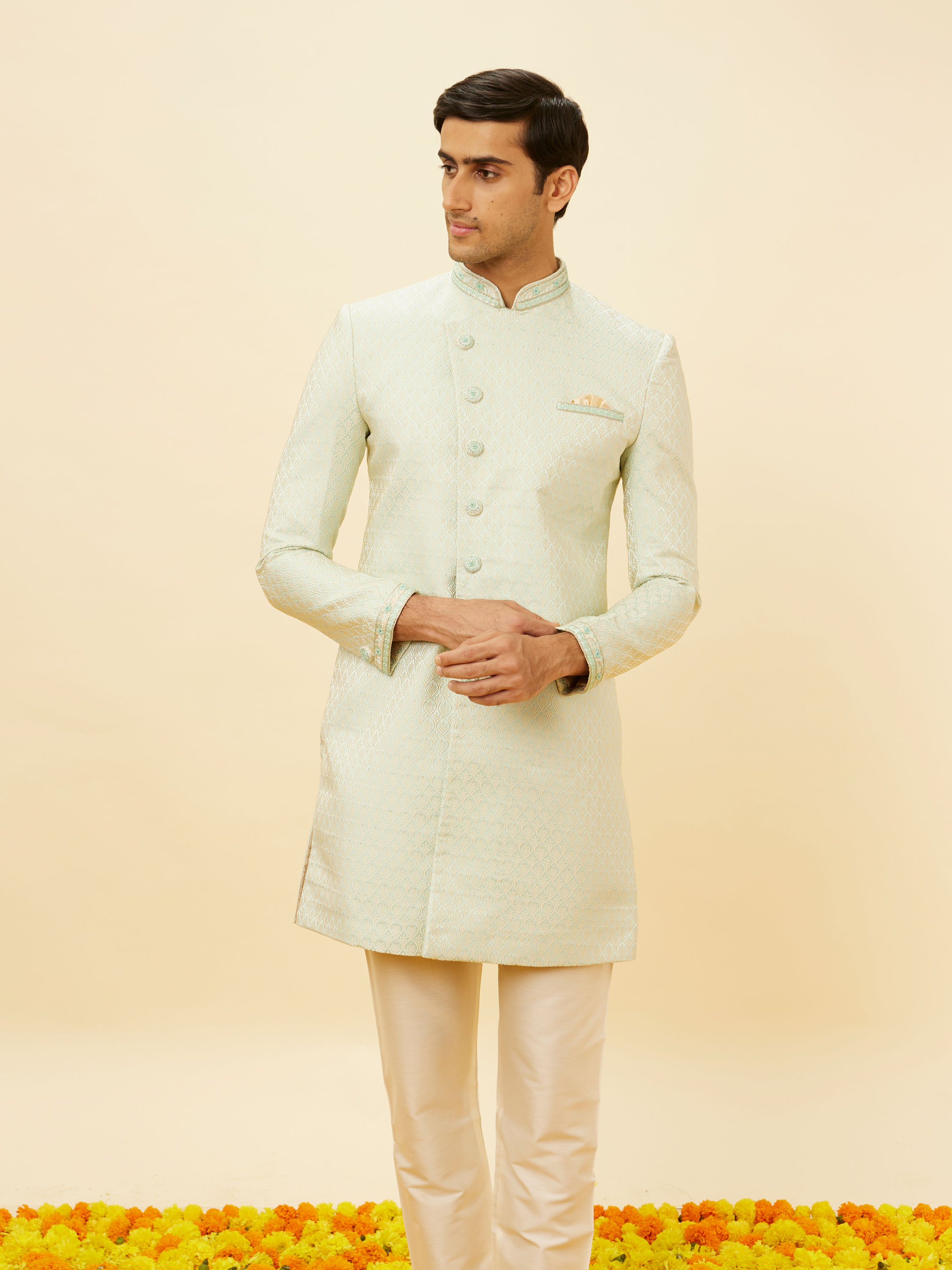 Manyavar Men Sea Green Ogee Patterned Indo Western Set