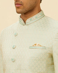 Manyavar Men Sea Green Ogee Patterned Indo Western Set