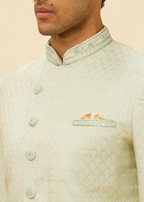 Manyavar Men Sea Green Ogee Patterned Indo Western Set
