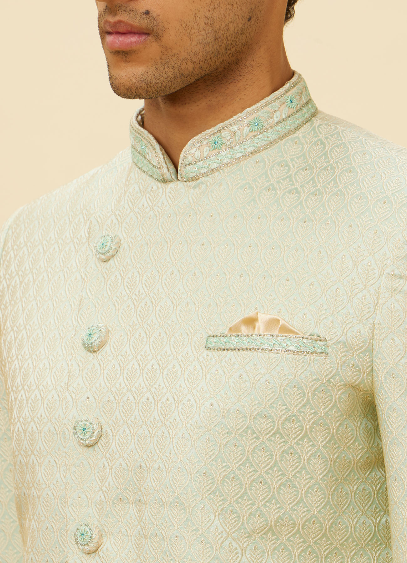 Manyavar Men Sea Green Ogee Patterned Indo Western Set