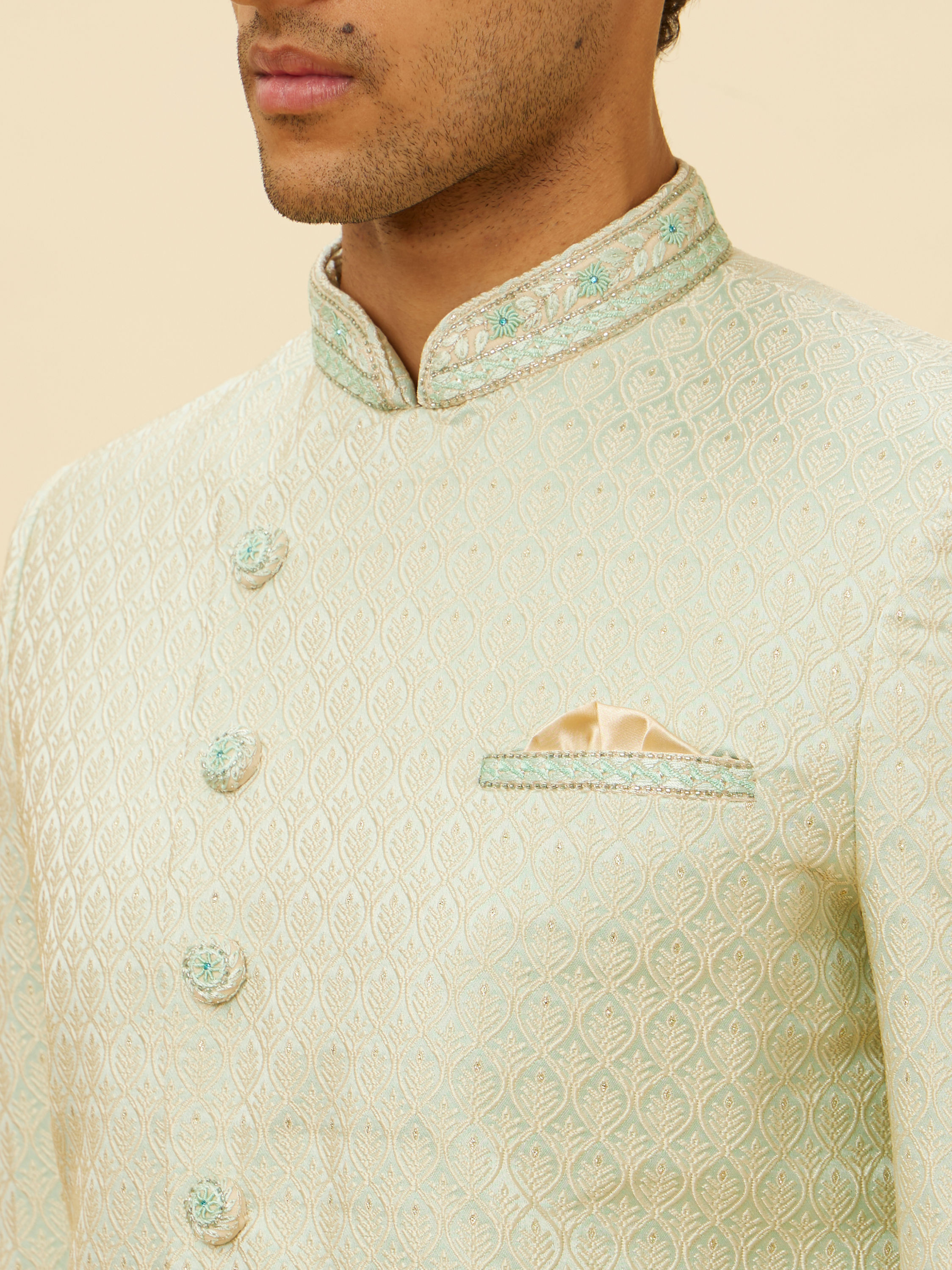 Manyavar Men Sea Green Ogee Patterned Indo Western Set