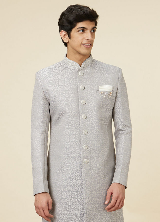 Manyavar Men Steel Grey Imperial Patterned Indo Western Set