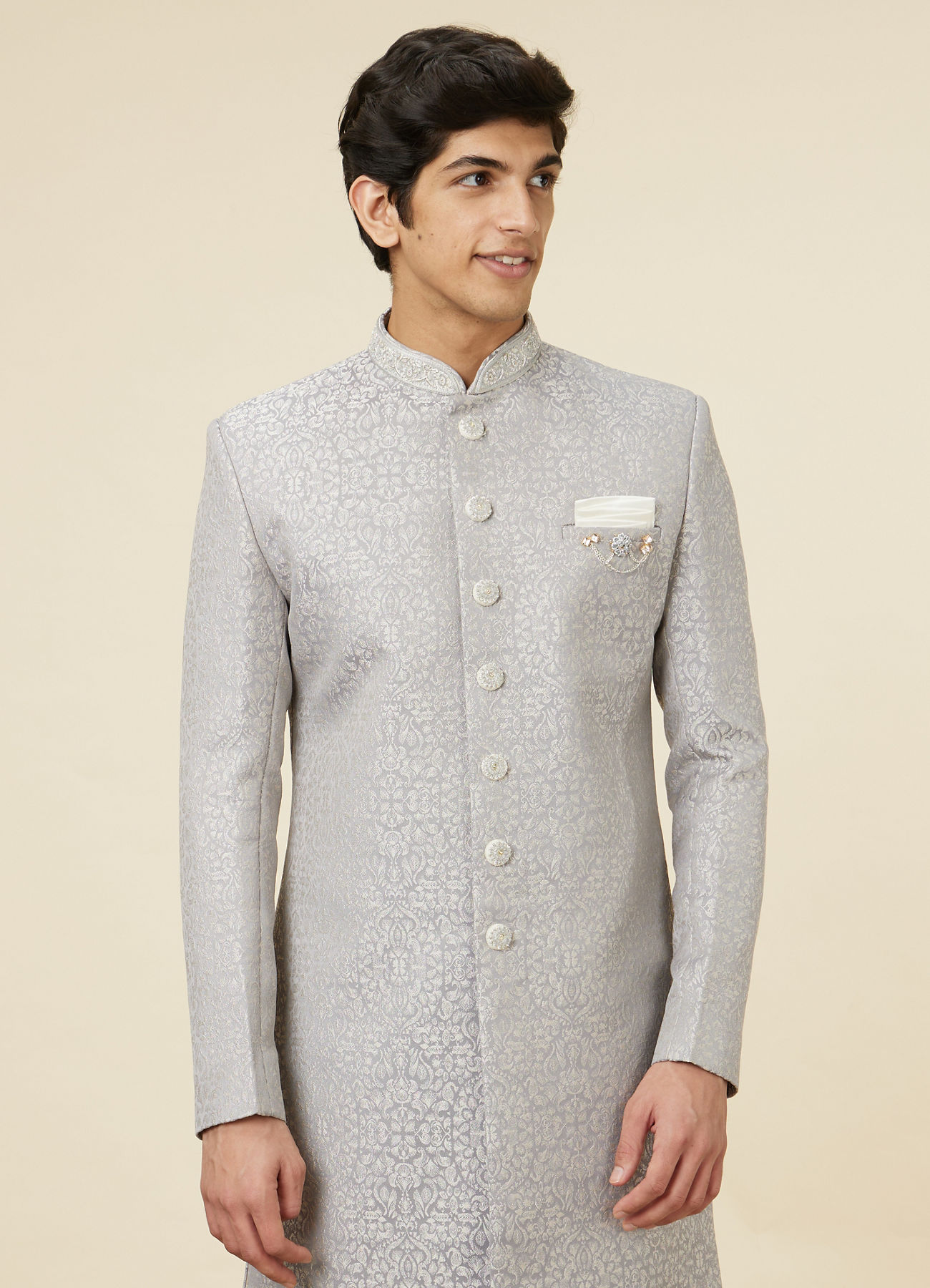 Manyavar Men Steel Grey Imperial Patterned Indo Western Set