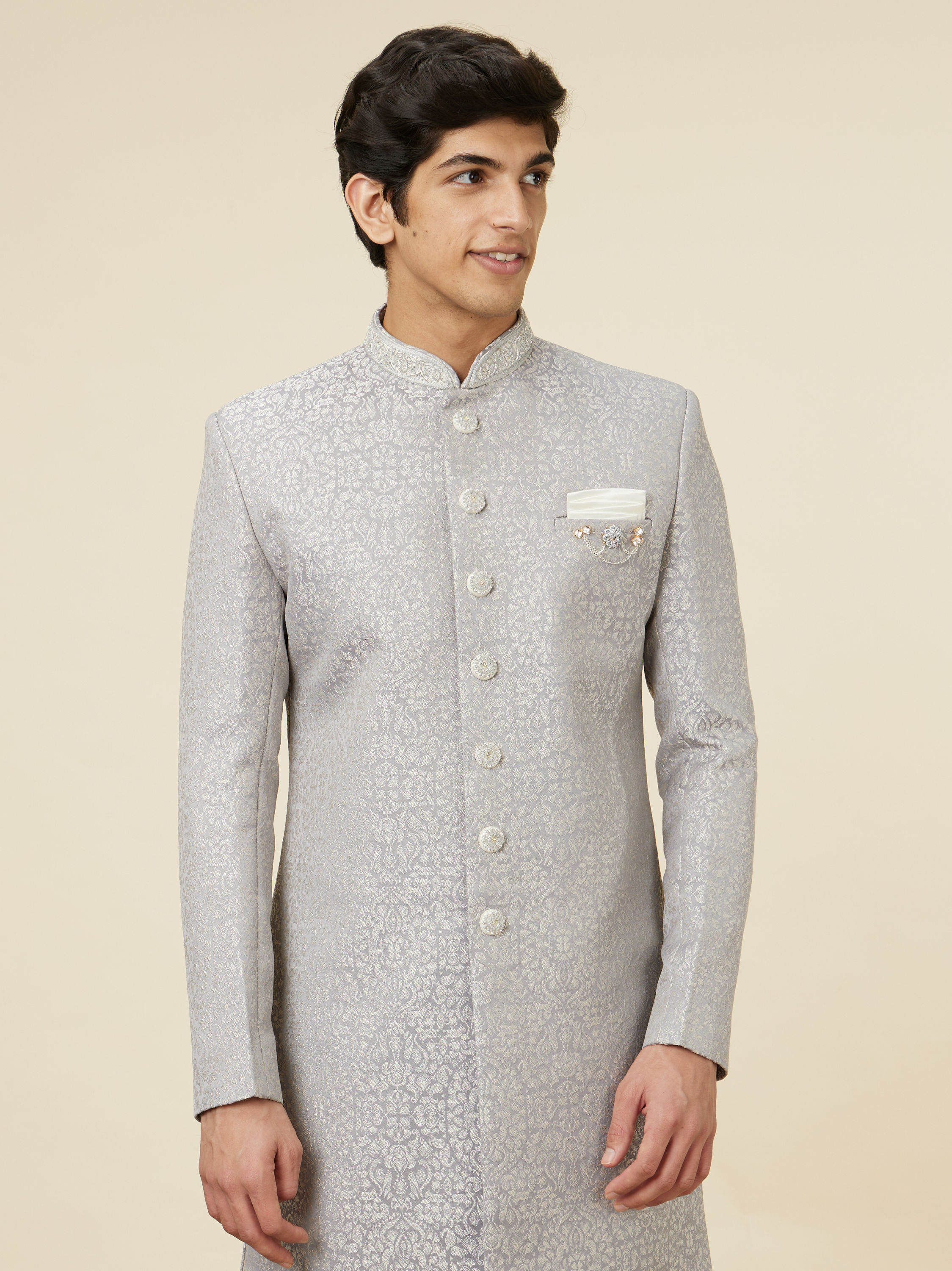 Manyavar Men Steel Grey Imperial Patterned Indo Western Set