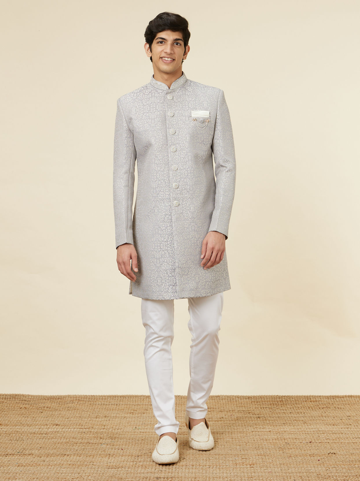Manyavar Men Steel Grey Imperial Patterned Indo Western Set