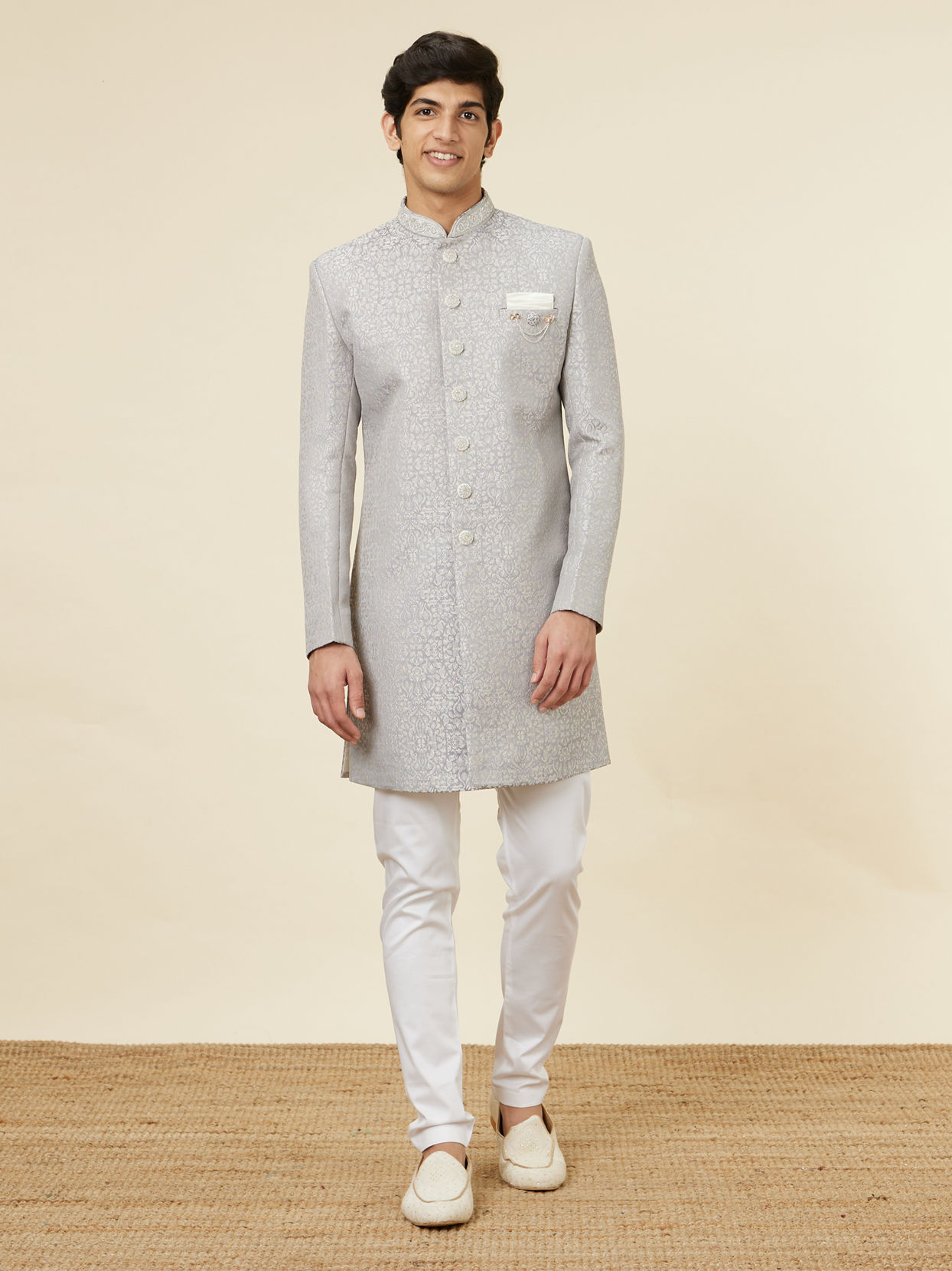 alt message - Manyavar Men Steel Grey Imperial Patterned Indo-Western Set image number 2