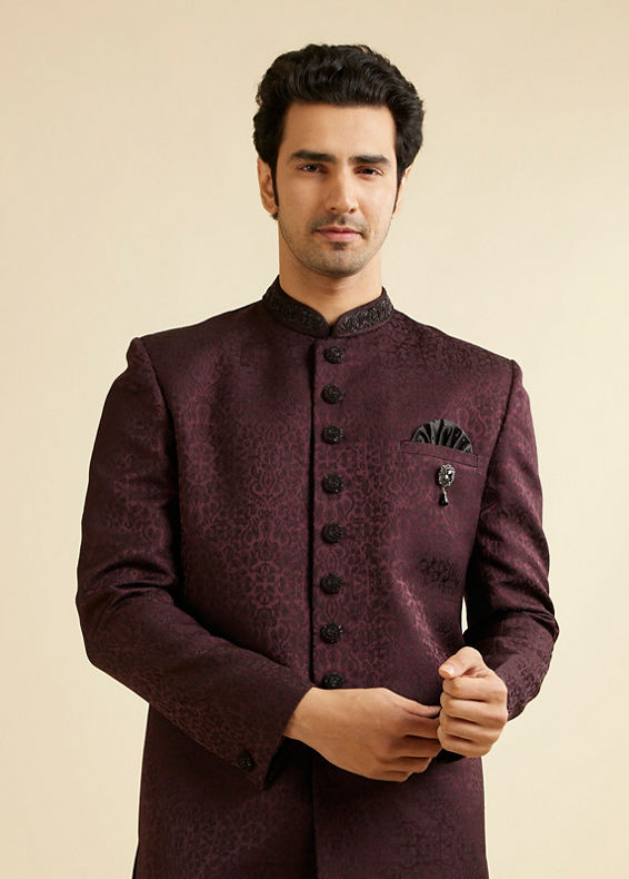 Manyavar Men Wine Imperial Patterned Indo Western Set