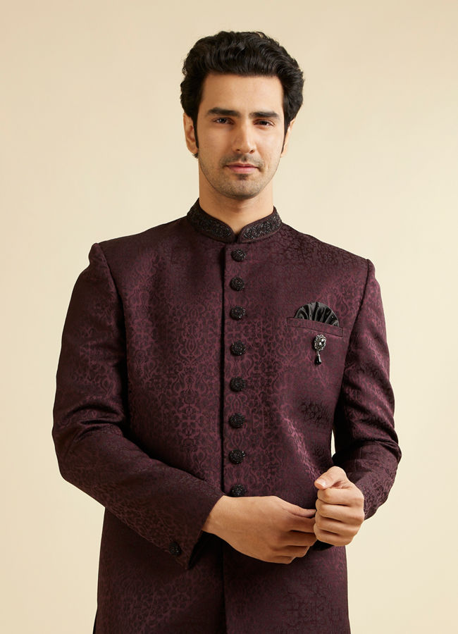 alt message - Manyavar Men Wine Imperial Patterned Indo-Western Set image number 0