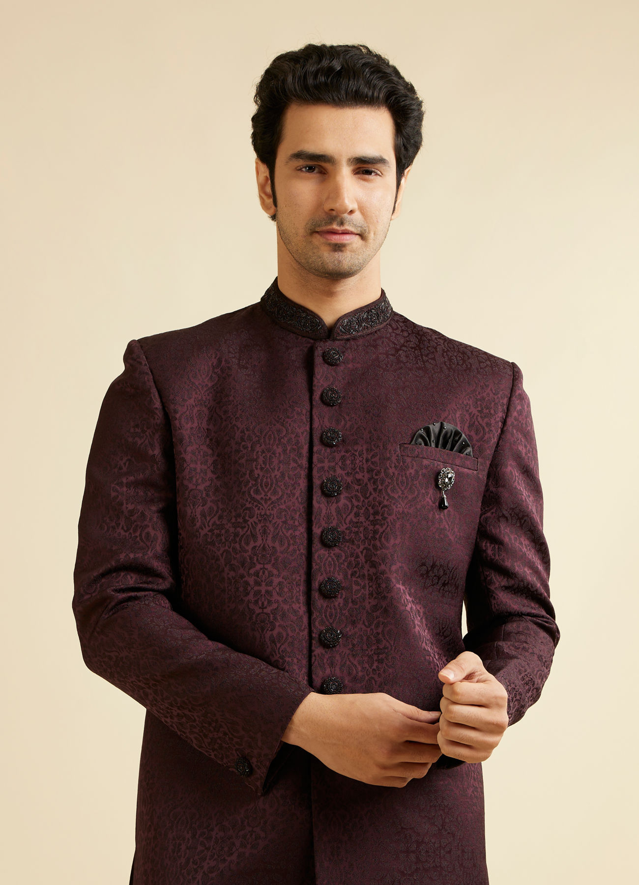 Manyavar Men Wine Imperial Patterned Indo Western Set