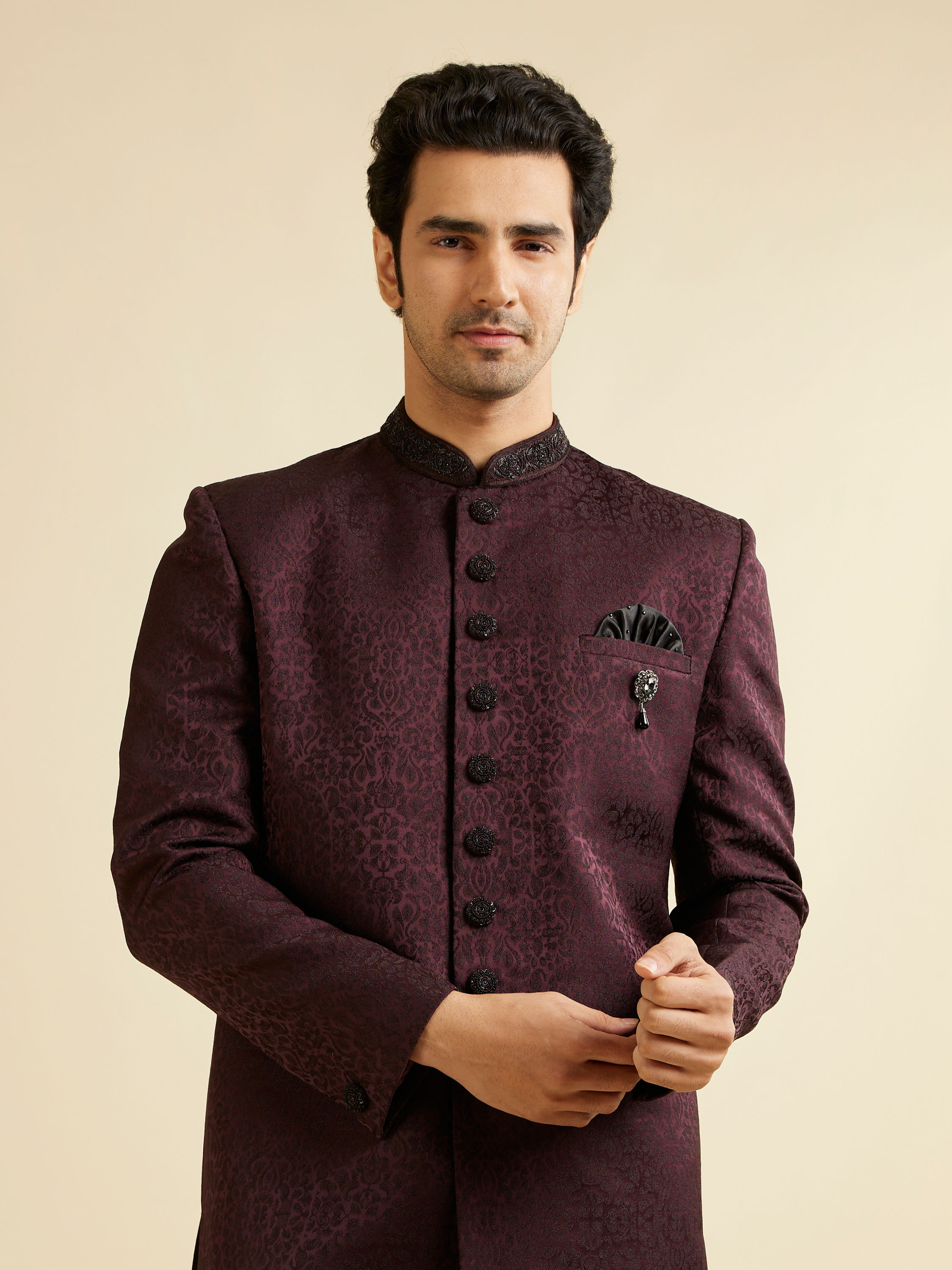 Manyavar Men Wine Imperial Patterned Indo Western Set