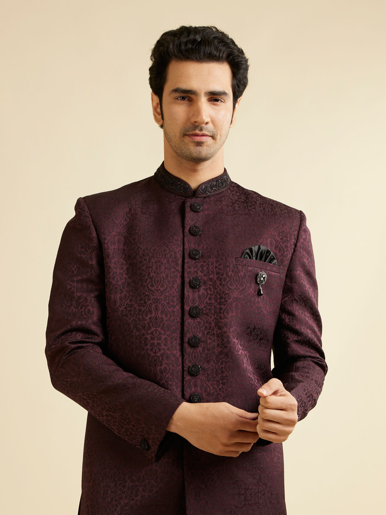 alt message - Manyavar Men Wine Imperial Patterned Indo-Western Set image number 0