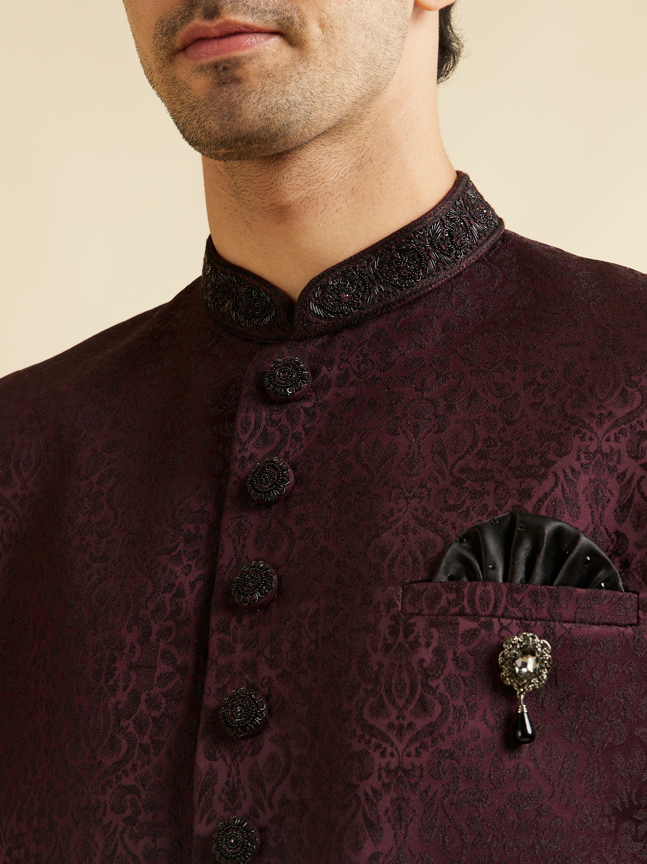 Manyavar Men Wine Imperial Patterned Indo Western Set