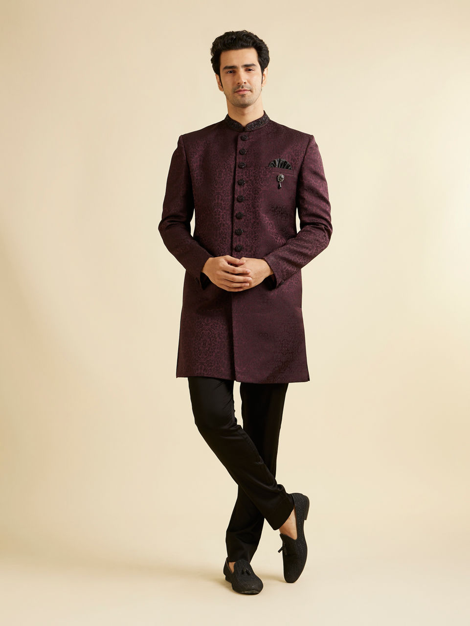 Manyavar Men Wine Imperial Patterned Indo Western Set
