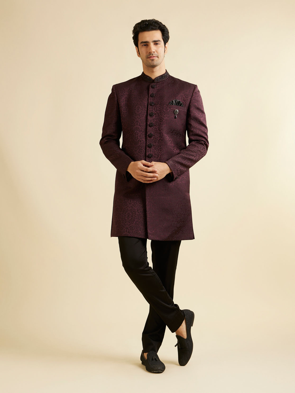 alt message - Manyavar Men Wine Imperial Patterned Indo-Western Set image number 2