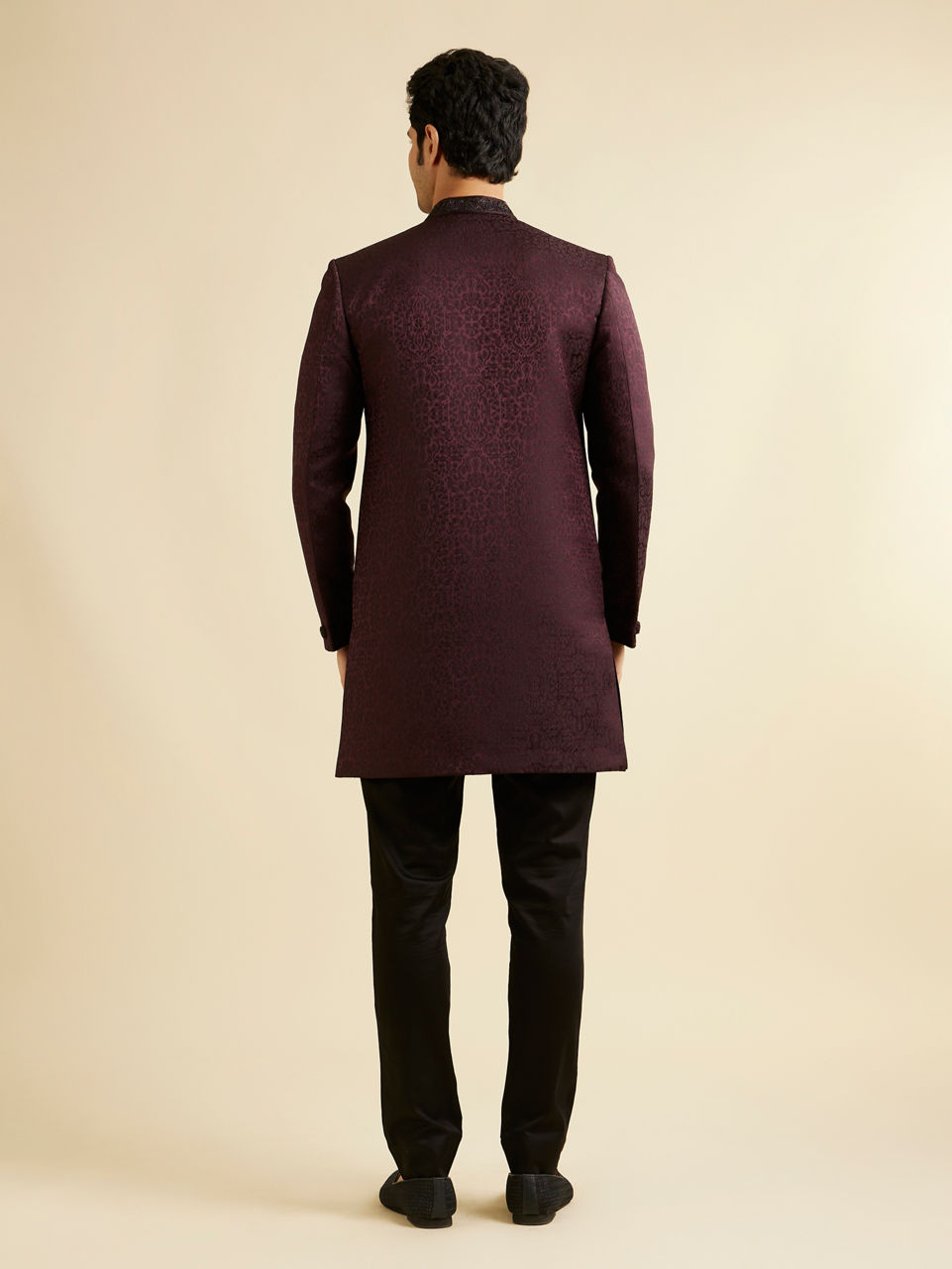 Manyavar Men Wine Imperial Patterned Indo Western Set