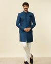 Manyavar Men Teal Blue Medallion Patterned Indo Western Set