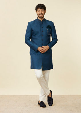 Manyavar Men Teal Blue Medallion Patterned Indo Western Set image number 2