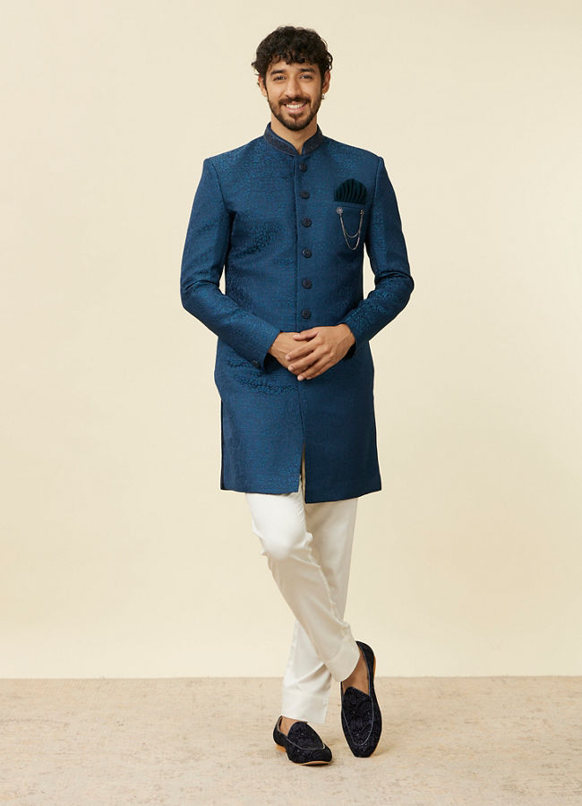 Manyavar Men Teal Blue Medallion Patterned Indo Western Set