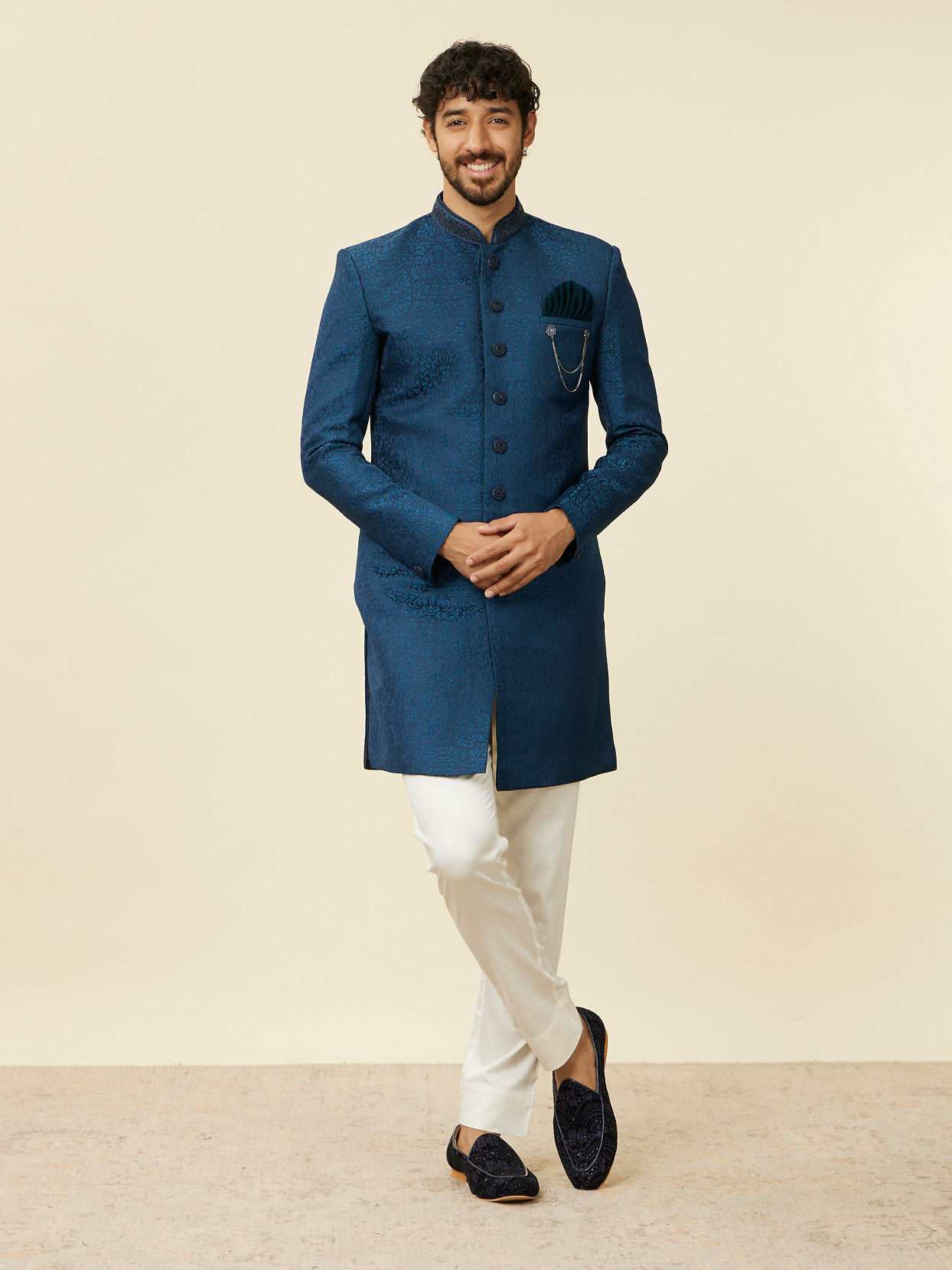Manyavar Men Teal Blue Medallion Patterned Indo Western Set