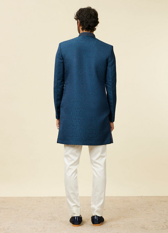 Manyavar Men Teal Blue Medallion Patterned Indo Western Set