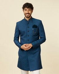 Manyavar Men Teal Blue Medallion Patterned Indo Western Set