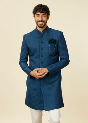 Manyavar Men Teal Blue Medallion Patterned Indo Western Set