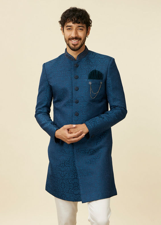 Manyavar Men Teal Blue Medallion Patterned Indo Western Set