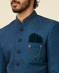 Manyavar Men Teal Blue Medallion Patterned Indo Western Set