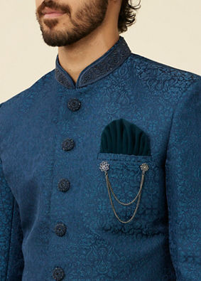 Manyavar Men Teal Blue Medallion Patterned Indo Western Set image number 1