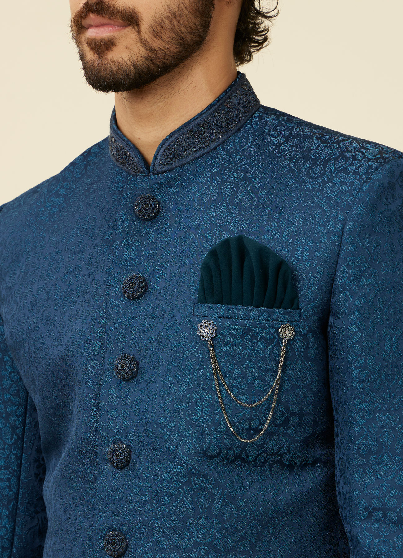 Manyavar Men Teal Blue Medallion Patterned Indo Western Set