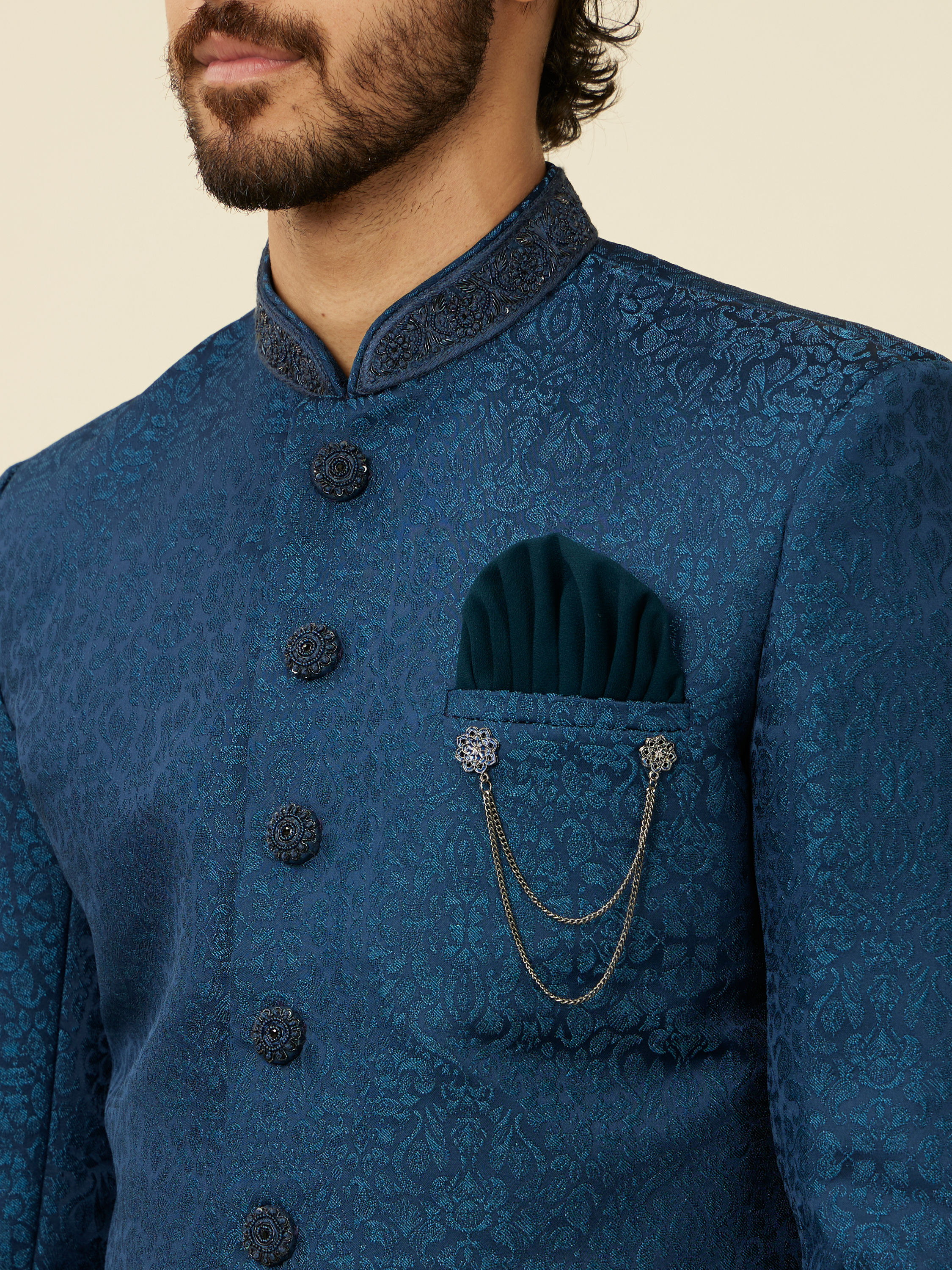 Manyavar Men Teal Blue Medallion Patterned Indo Western Set