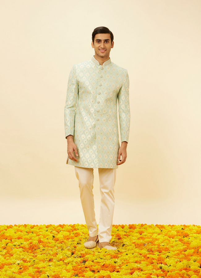 Manyavar Men Pastel Green Shankh Motif Indo Western Set