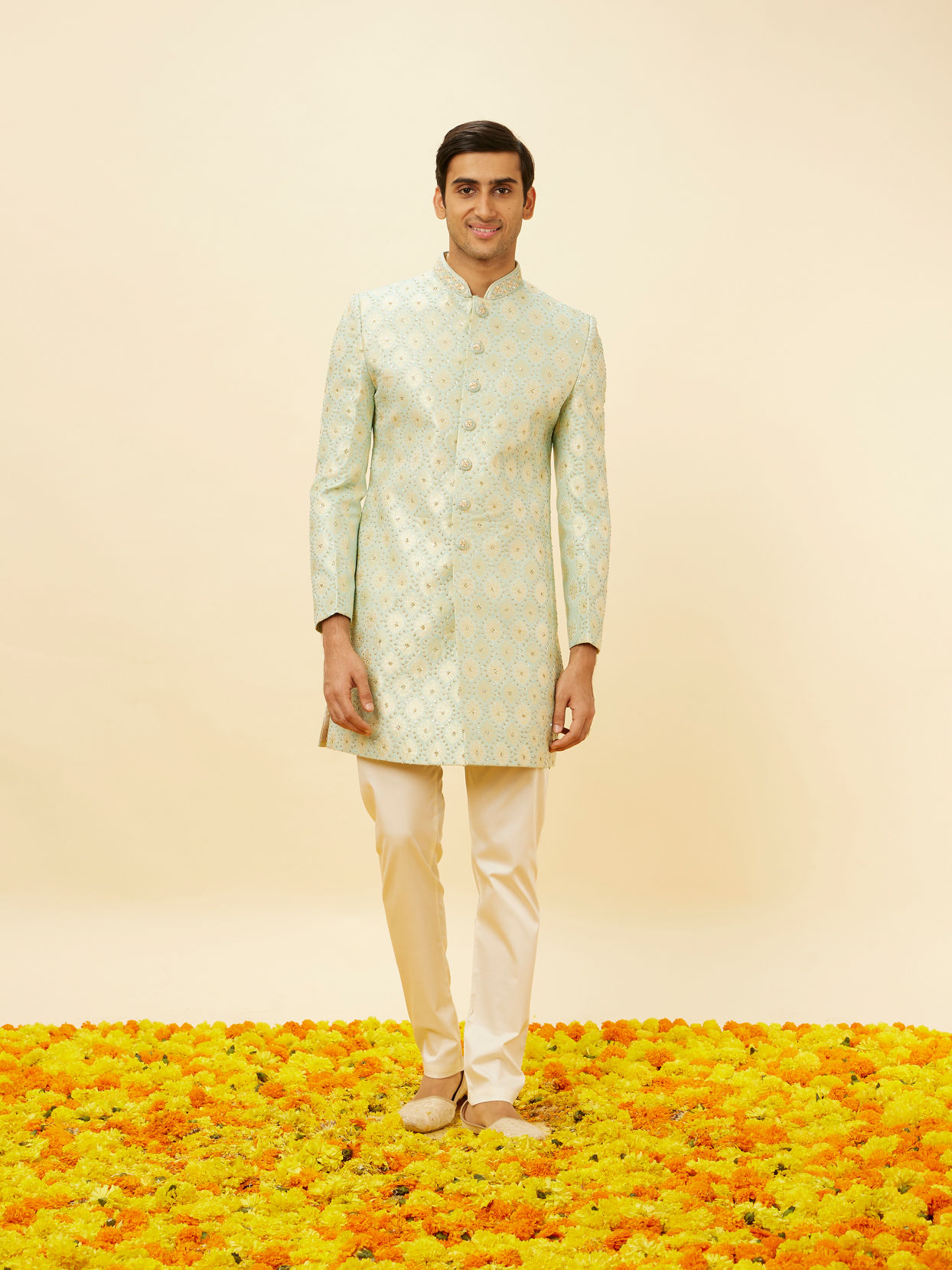 Manyavar Men Pastel Green Shankh Motif Indo Western Set