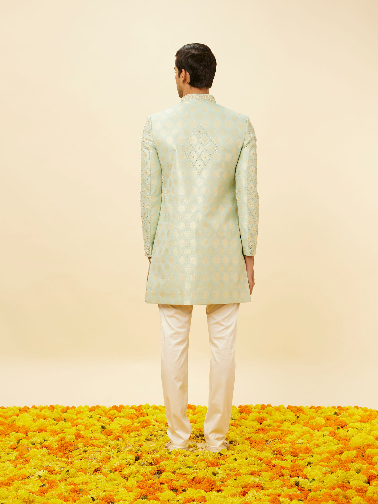 Manyavar Men Pastel Green Shankh Motif Indo Western Set