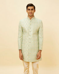 Manyavar Men Pastel Green Shankh Motif Indo Western Set