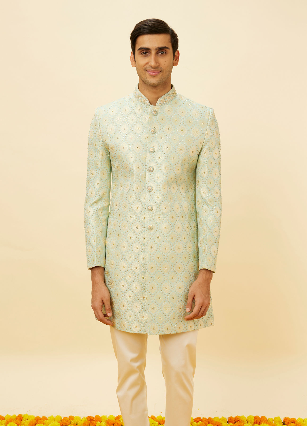 Manyavar Men Pastel Green Shankh Motif Indo Western Set