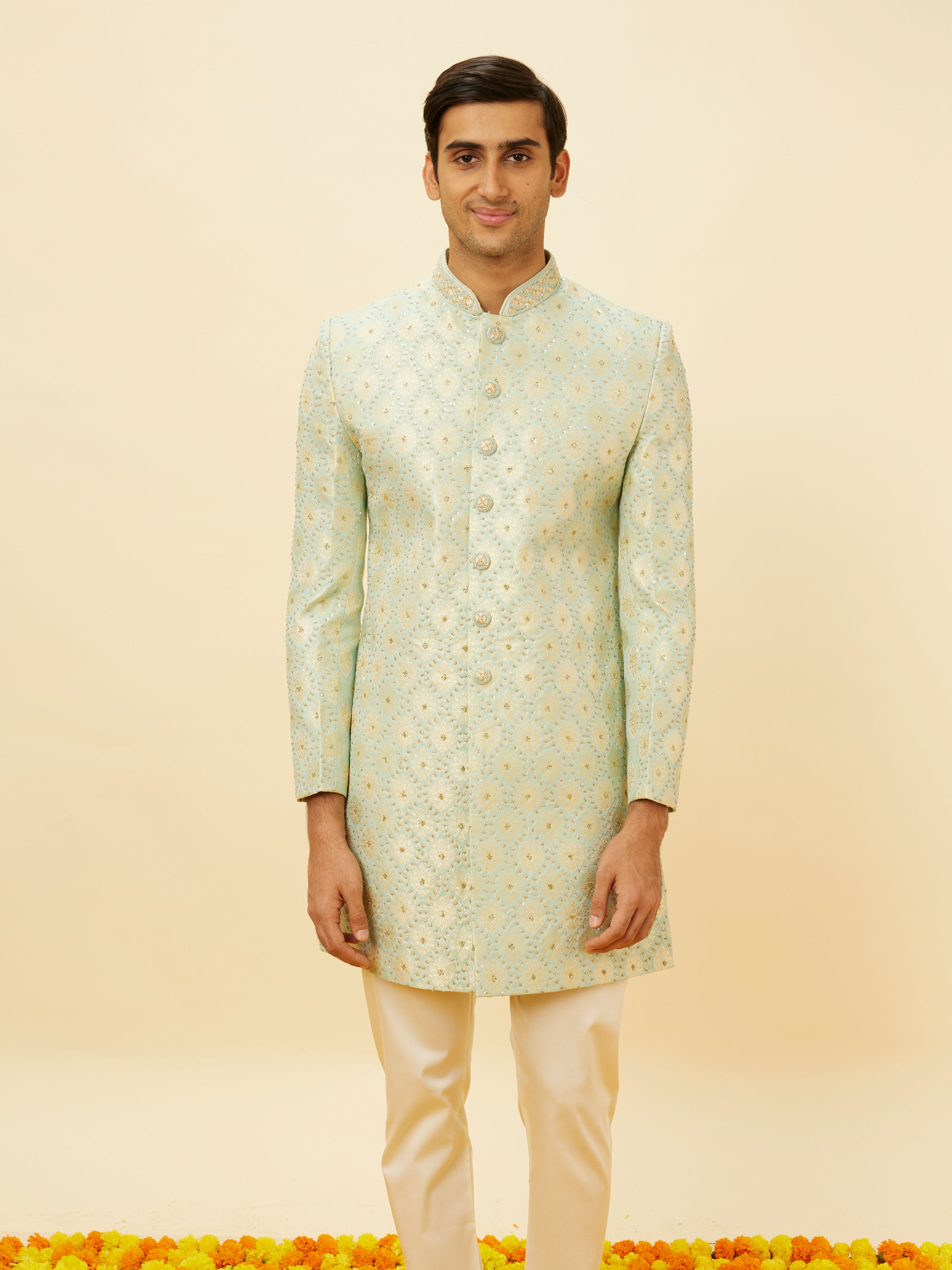 Manyavar Men Pastel Green Shankh Motif Indo Western Set