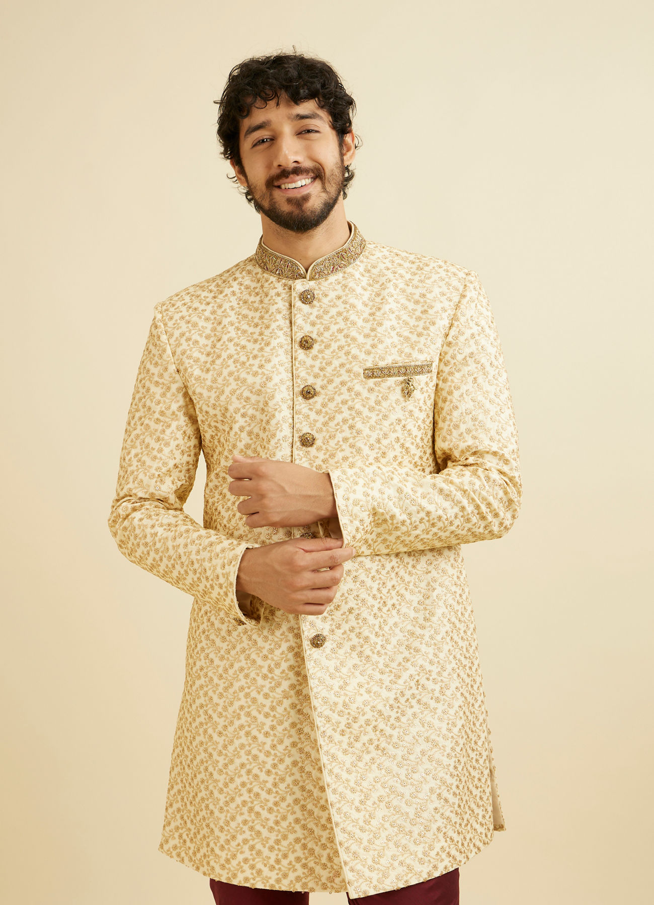 Manyavar Men Fashionable Cream Indo Western Set