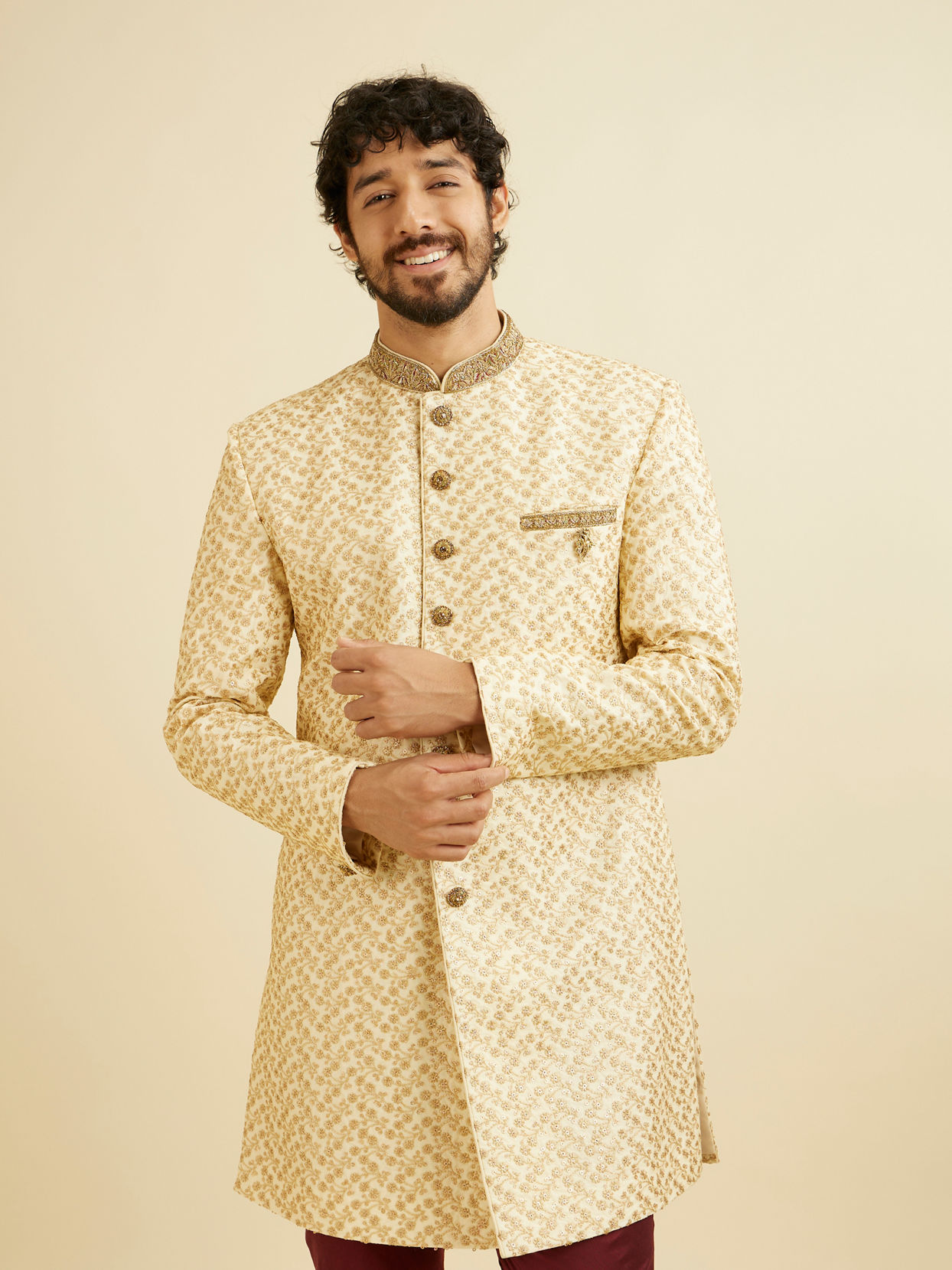 alt message - Manyavar Men Fashionable Cream Indo Western Set image number 0