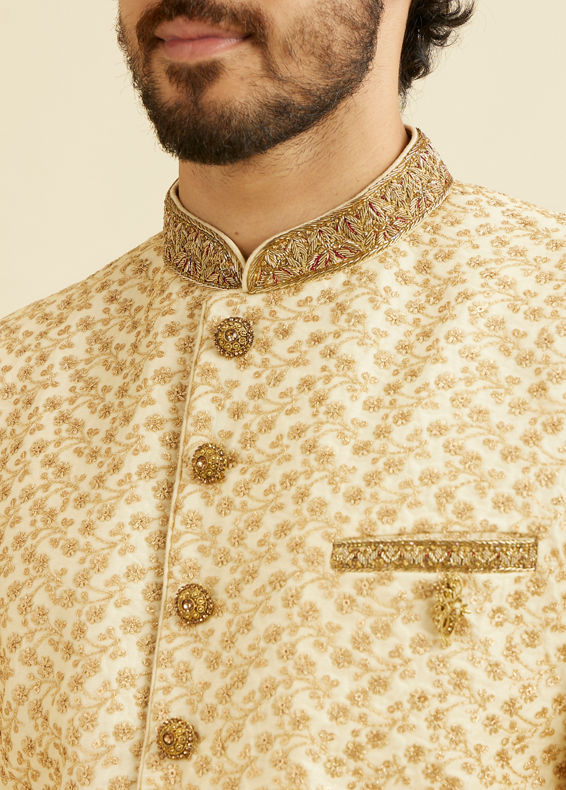 Manyavar Men Fashionable Cream Indo Western Set