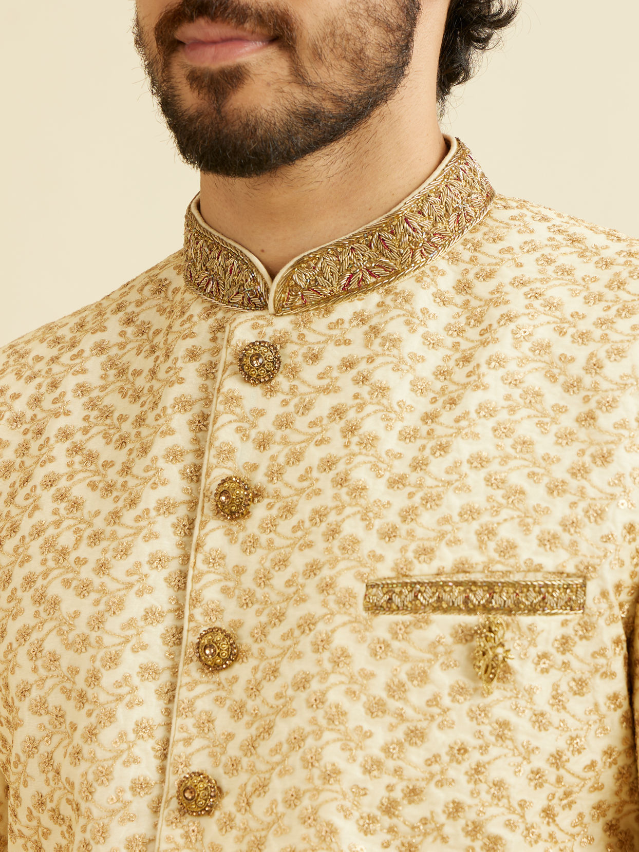 alt message - Manyavar Men Fashionable Cream Indo Western Set image number 1