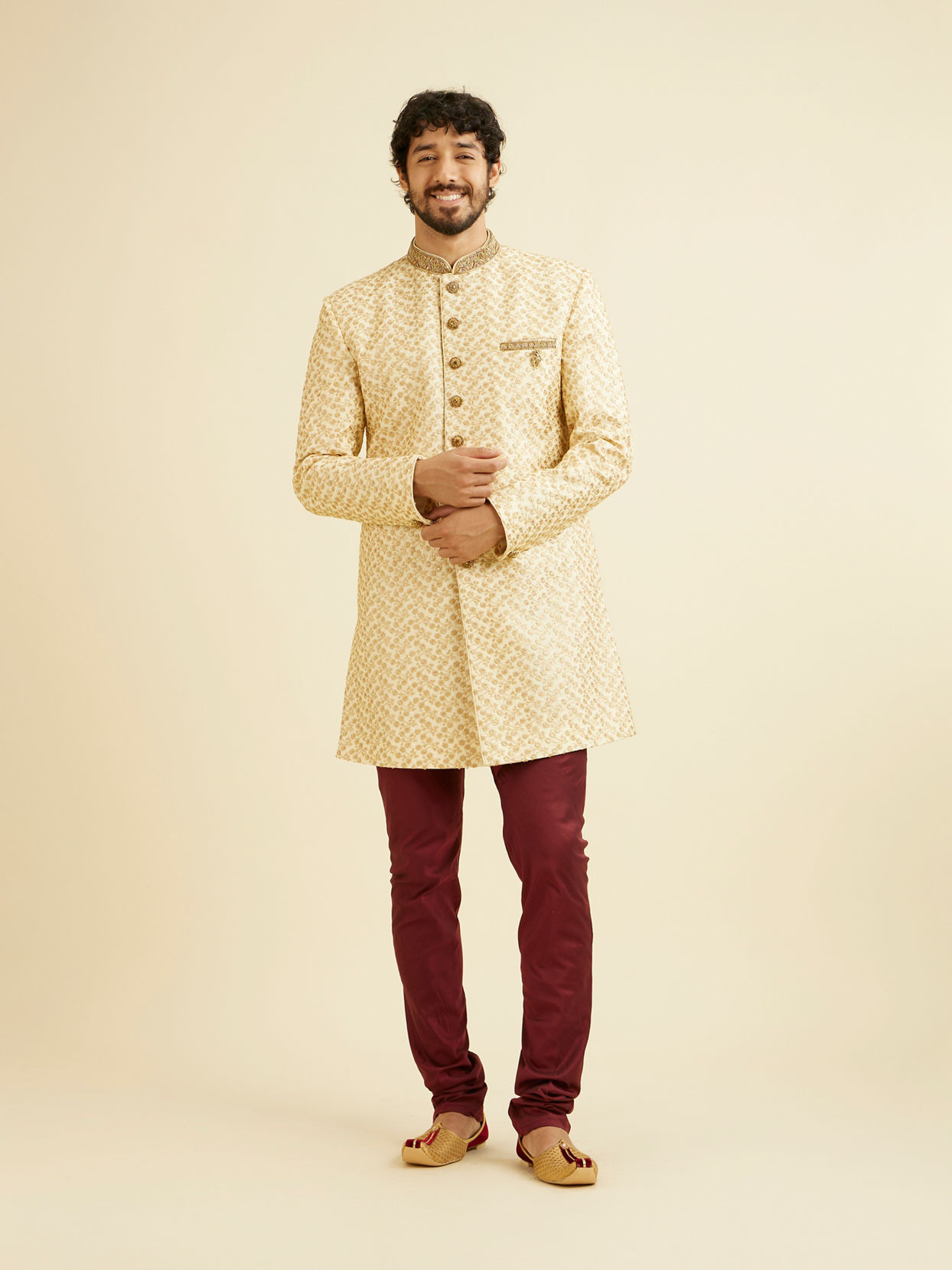 Manyavar Men Fashionable Cream Indo Western Set