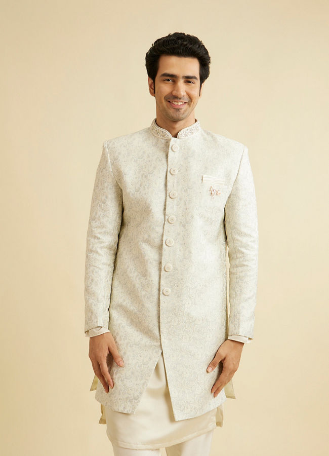 alt message - Manyavar Men Gleaming Grey Brocade Indo Western image number 0