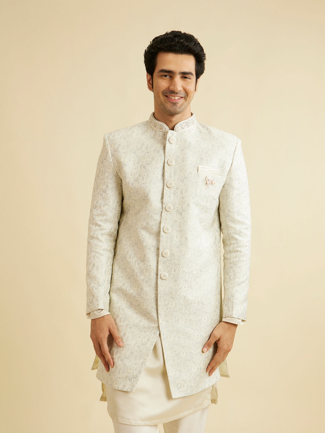 alt message - Manyavar Men Gleaming Grey Brocade Indo Western image number 0