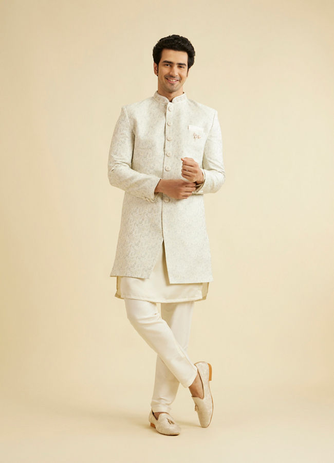 Manyavar Men Smoke Grey Floral Vine Patterned Indo Western Set