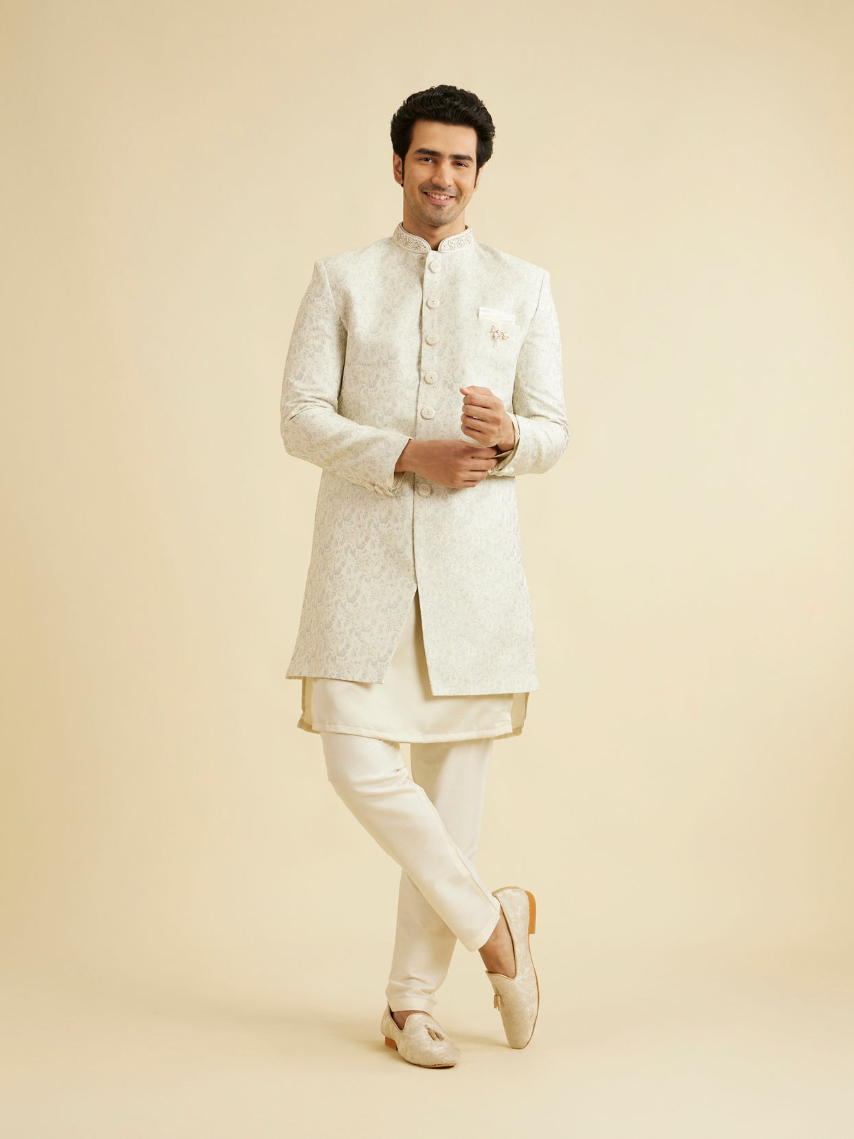 Manyavar Men Smoke Grey Floral Vine Patterned Indo Western Set