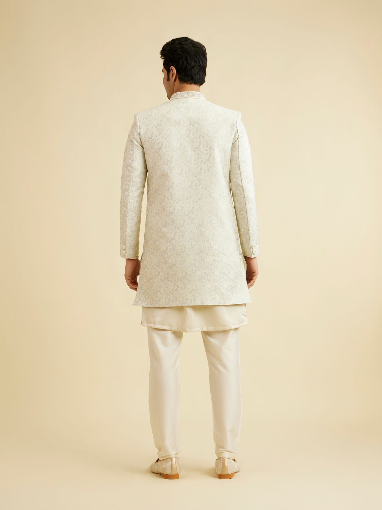 Manyavar Men Smoke Grey Floral Vine Patterned Indo Western Set